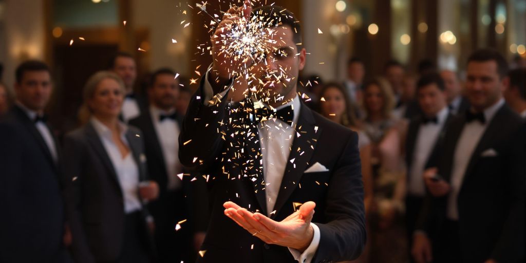 Magician performing a trick at a corporate event.