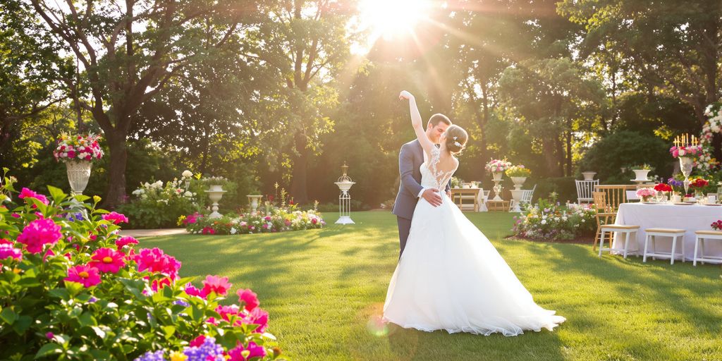 Summer wedding couple dancing outdoors at sunset.