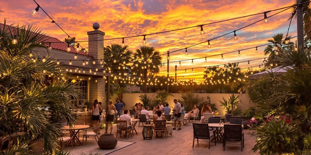 Phoenix skyline at sunset with outdoor party decorations.