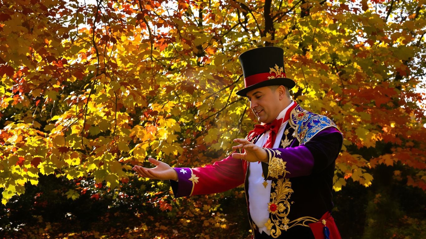 Magician performing outdoors with autumn leaves and sunlight.