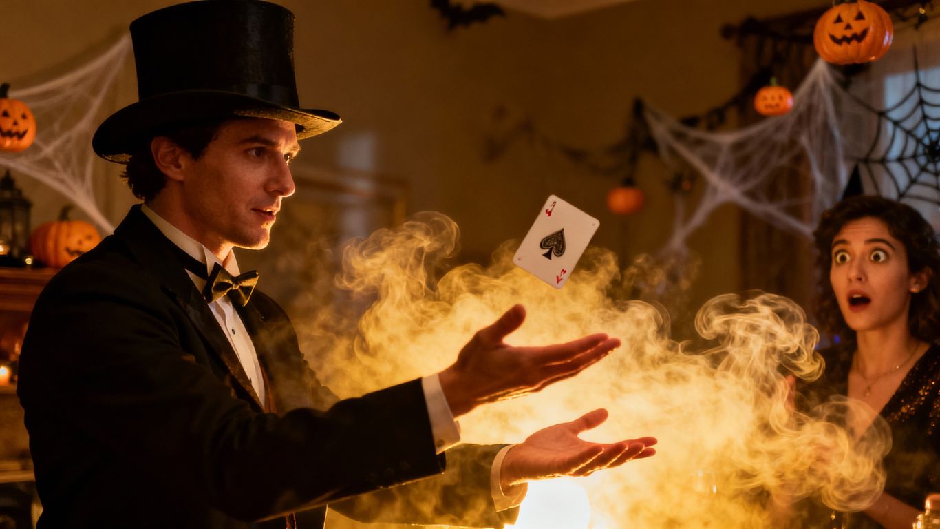 Magician performing a levitating card trick at a Halloween party.