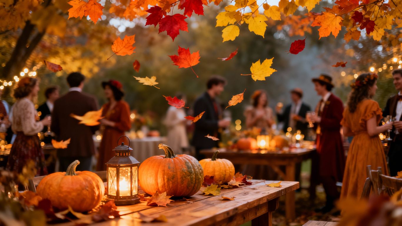 Autumn party with falling leaves and glowing lanterns.
