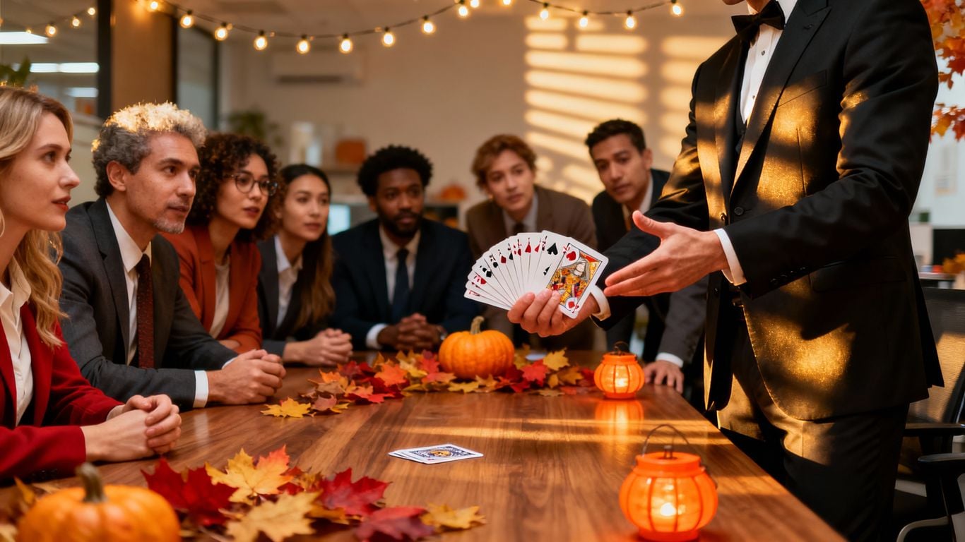 Magician entertaining corporate team with card trick in October
