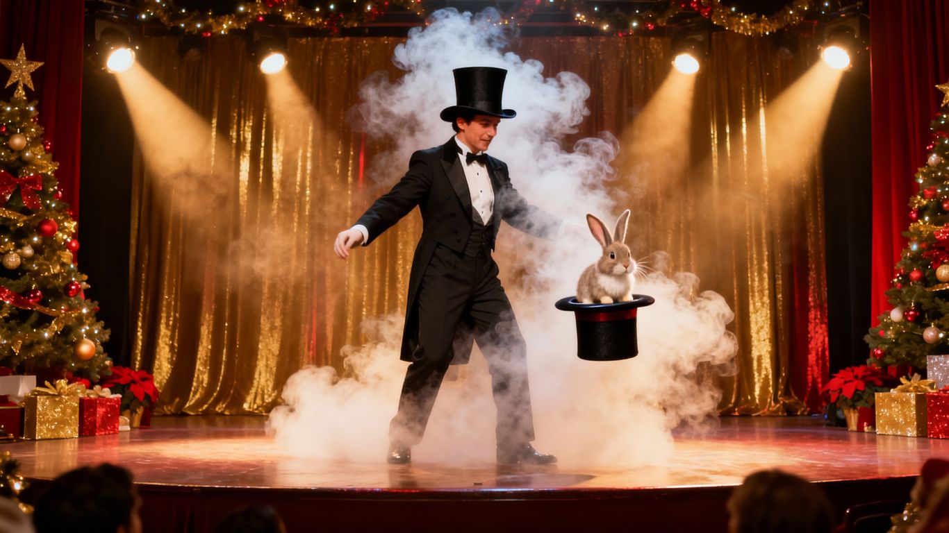 Magician performing a vanishing act with a rabbit.
