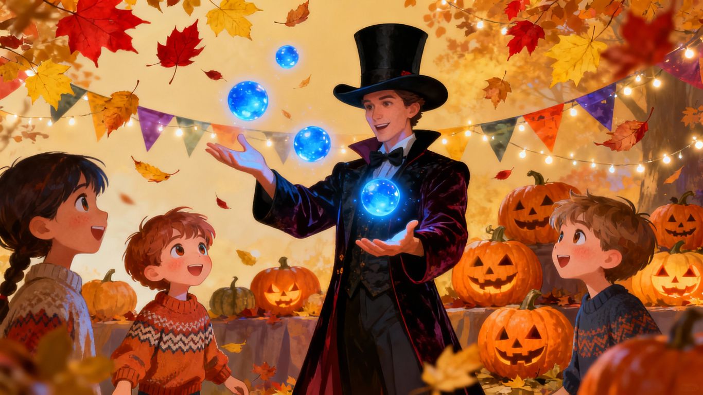 Magician performing for children at an autumn fundraiser.