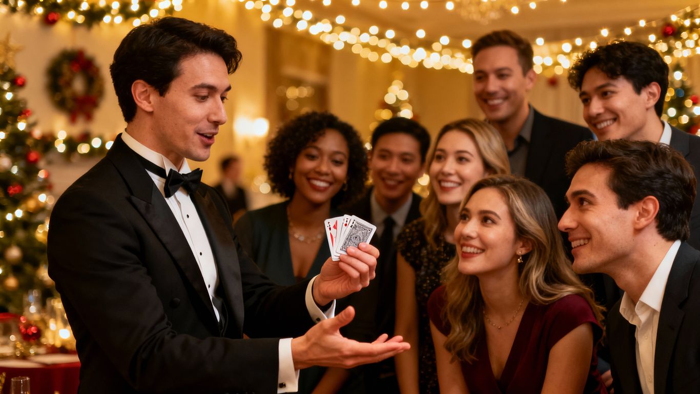 Magician performing at a corporate holiday party