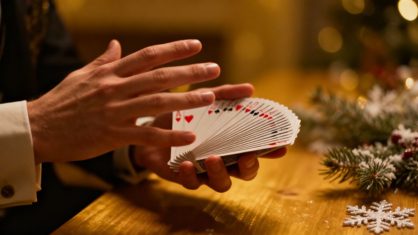 Magician performing close-up card trick indoors.