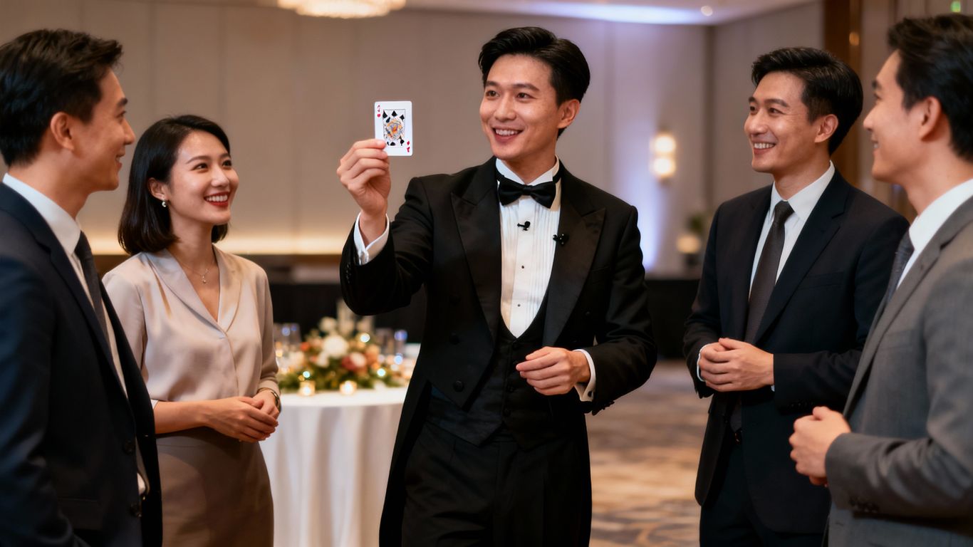 Magician performing a card trick at a corporate event.