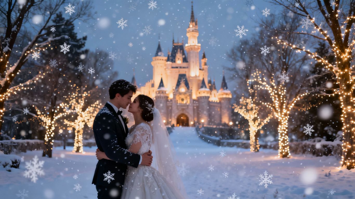 Magical winter wedding with snowflakes and castle.