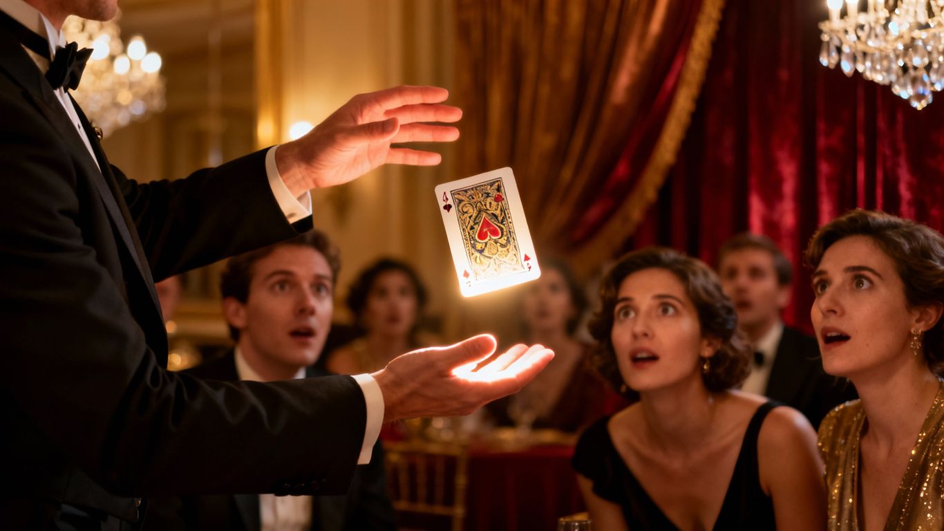 Magician performing a card trick at a private event.