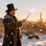 Winter magician in Phoenix desert with glowing wand.