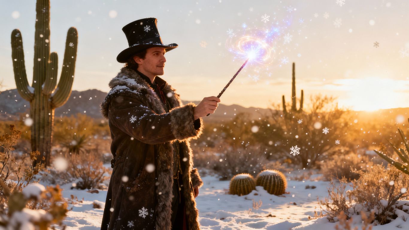 Winter magician in Phoenix desert with glowing wand.