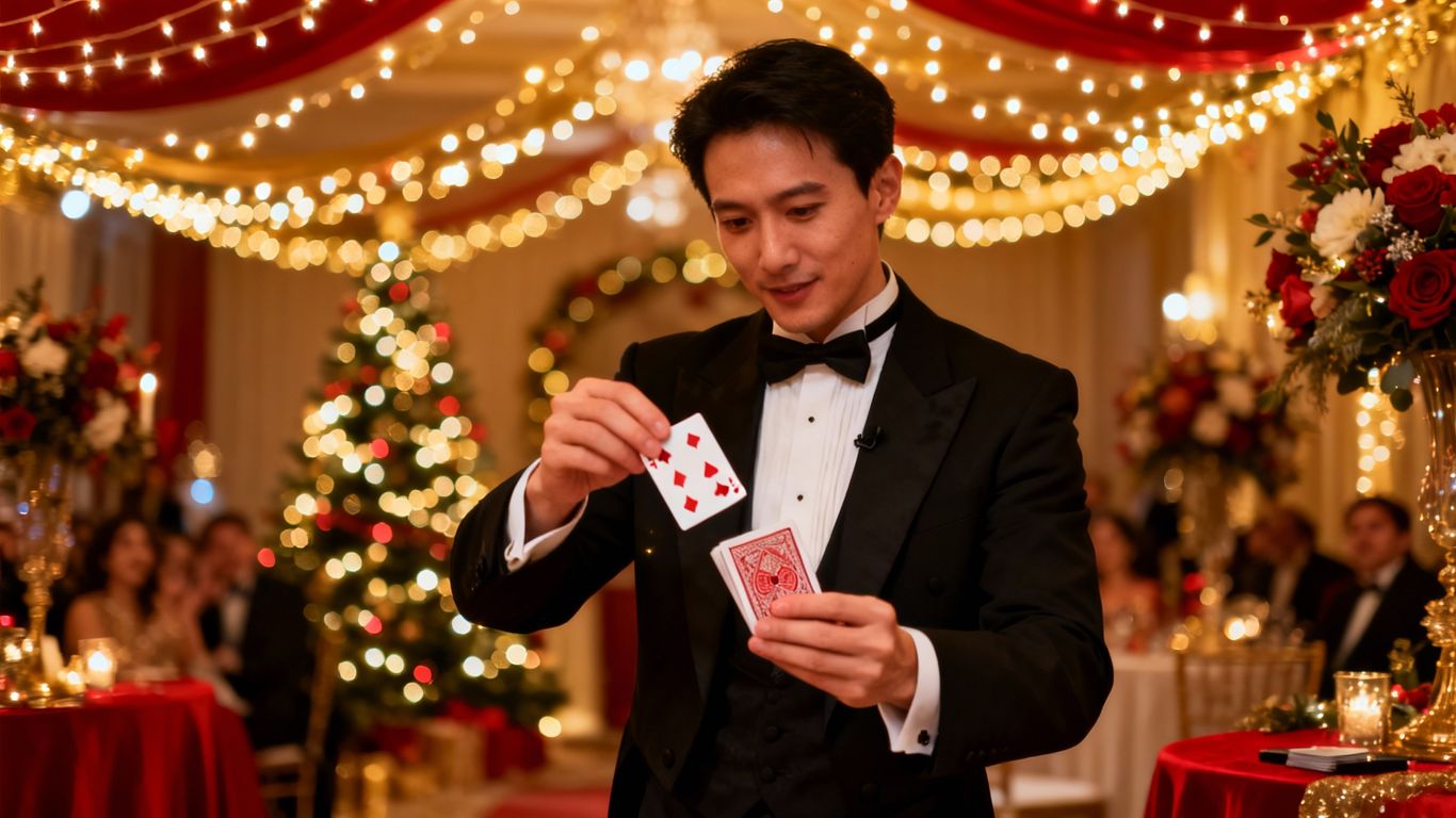 Magician performing at a festive December event with sparkling lights.