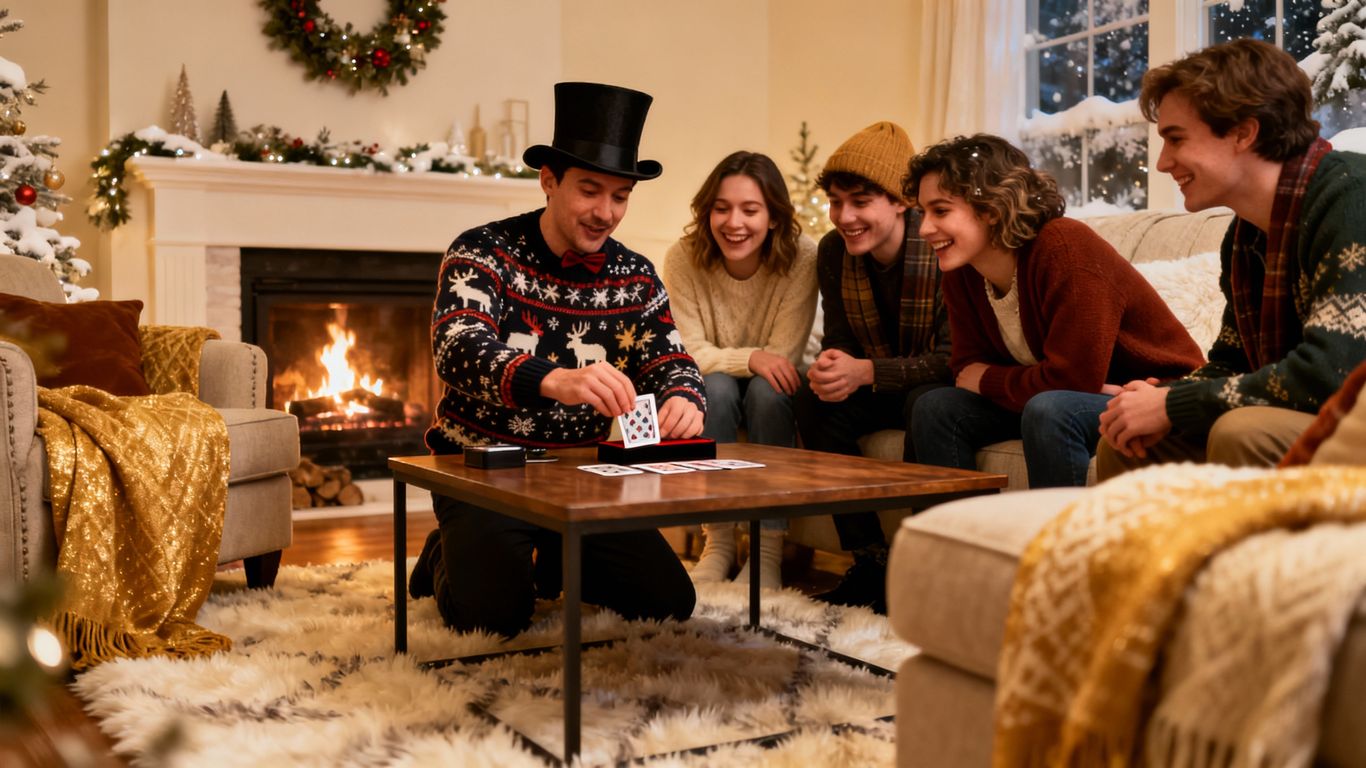 Magician performing a card trick for friends at a winter gathering.