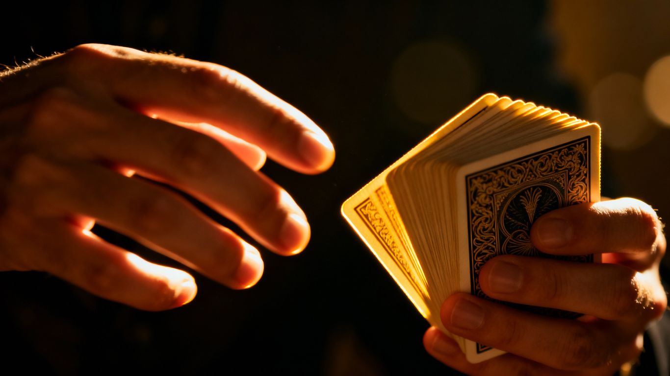 Magician's hands performing a card trick up close.