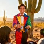 Magician performing card trick at Arizona gathering.