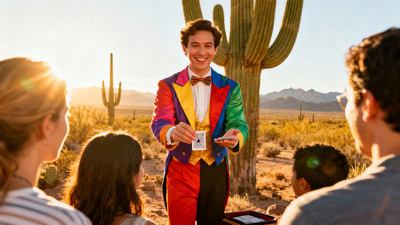 Magician performing card trick at Arizona gathering.