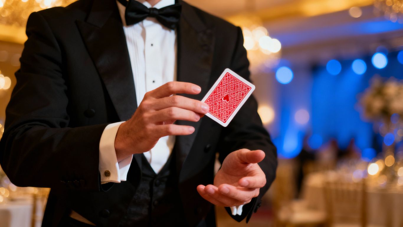 Magician performing a card trick at a special event.