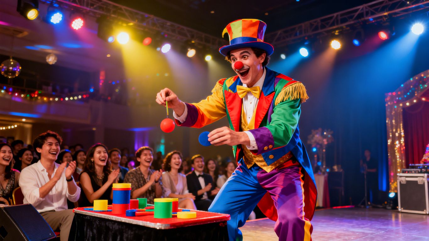 Magician entertains laughing audience with a funny magic trick.