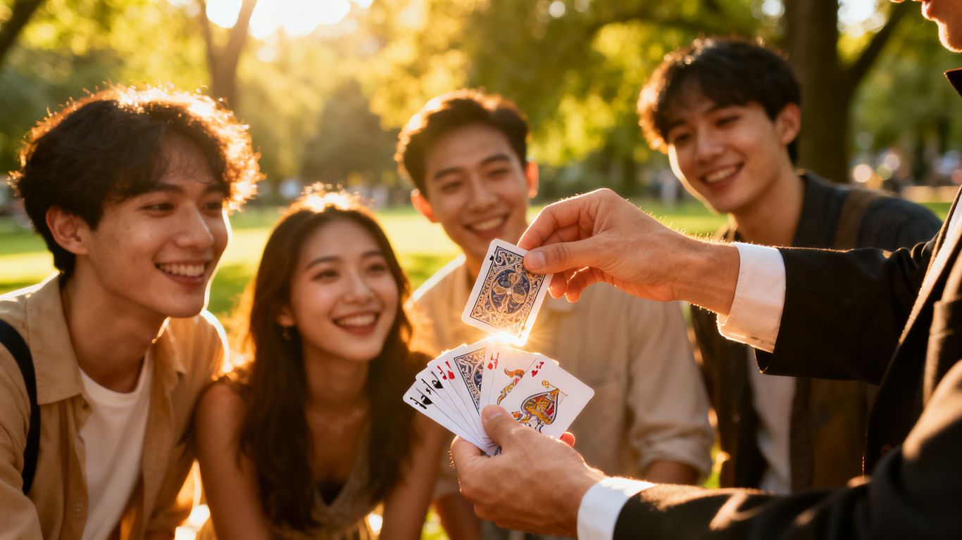 Magician performing close-up magic outdoors for guests.