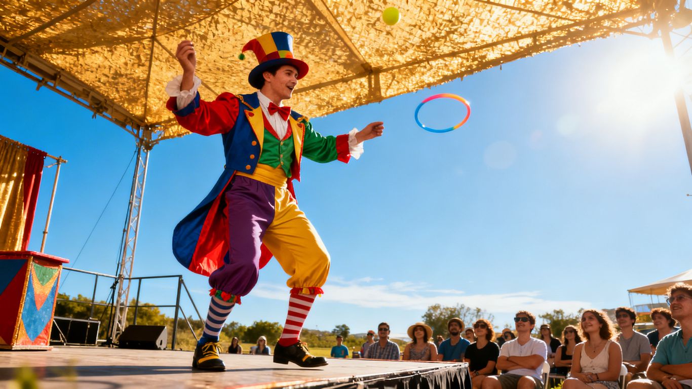 Outdoor magic show on a sunny day with shaded stage.