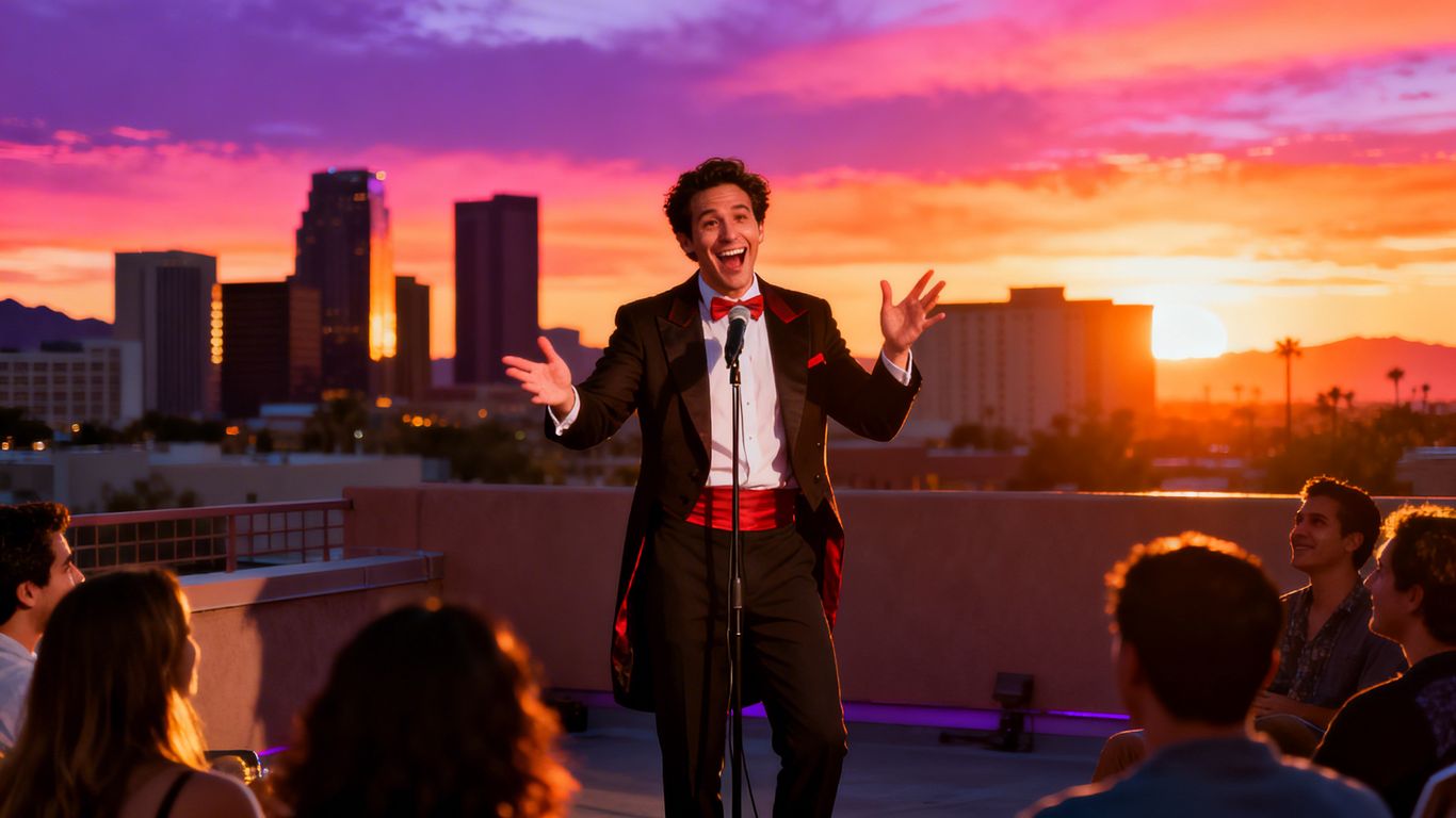 Magician performing on a rooftop at sunset in Phoenix.