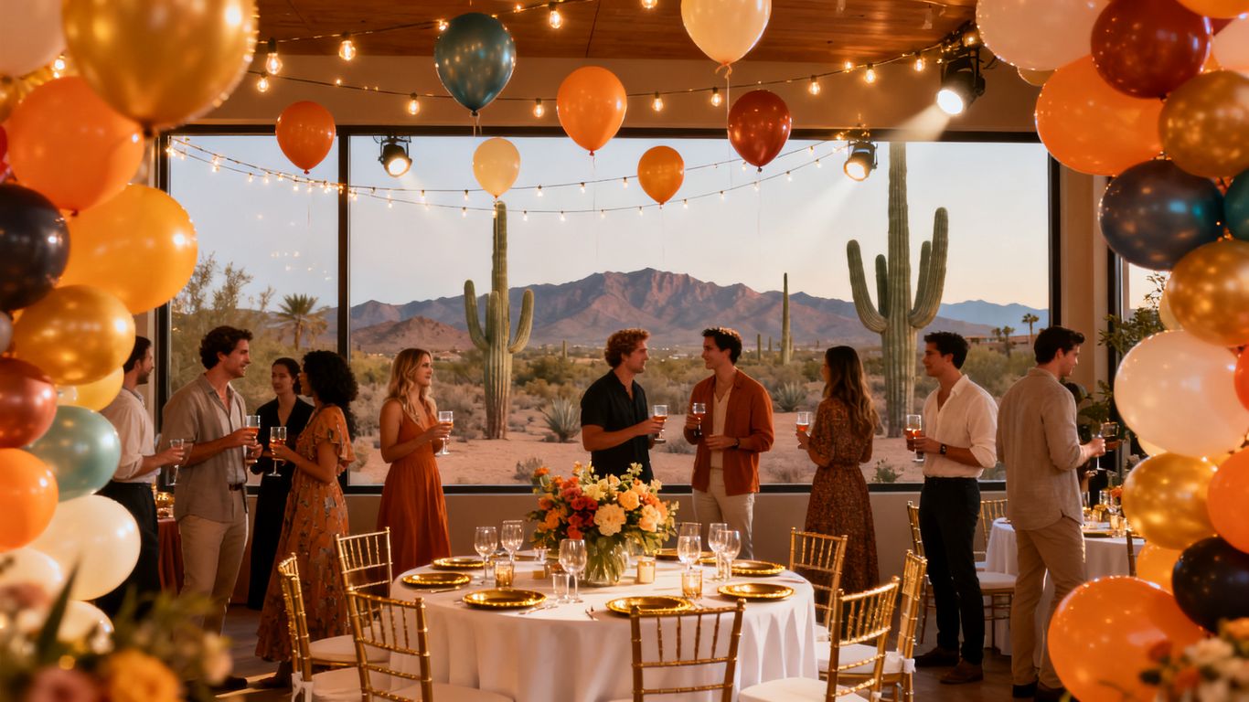 Phoenix graduation party with balloons and guests.