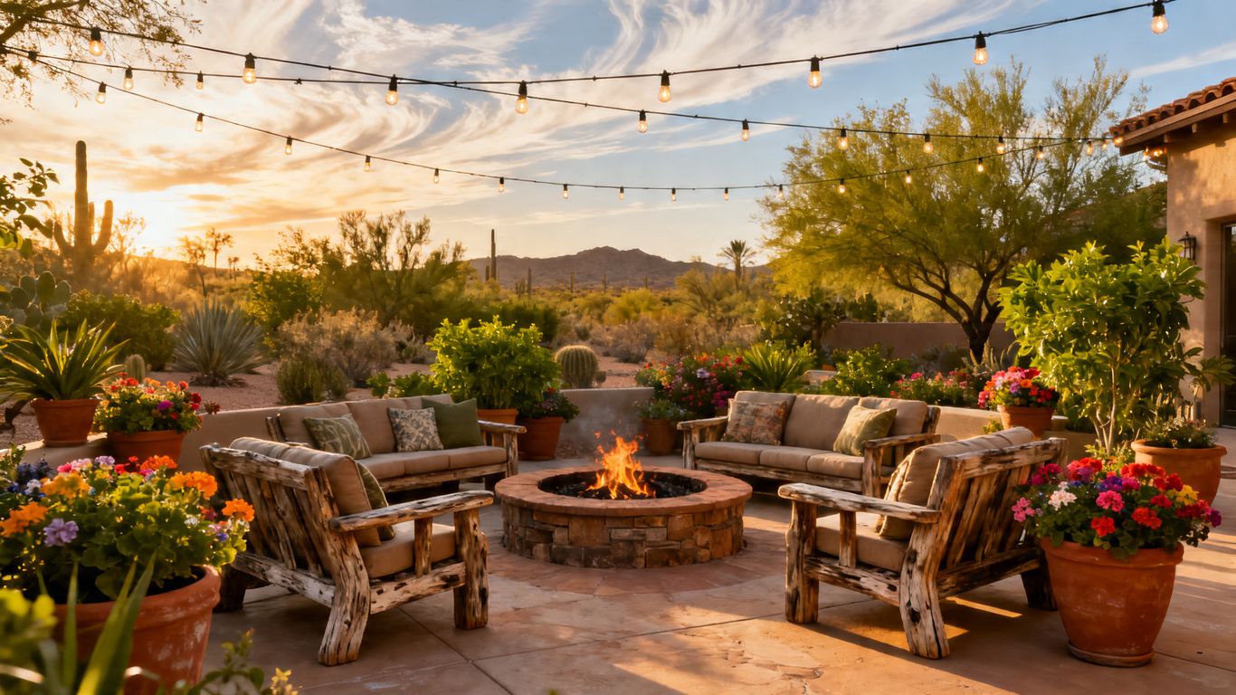 Spring patio magic in Phoenix with plants and seating.