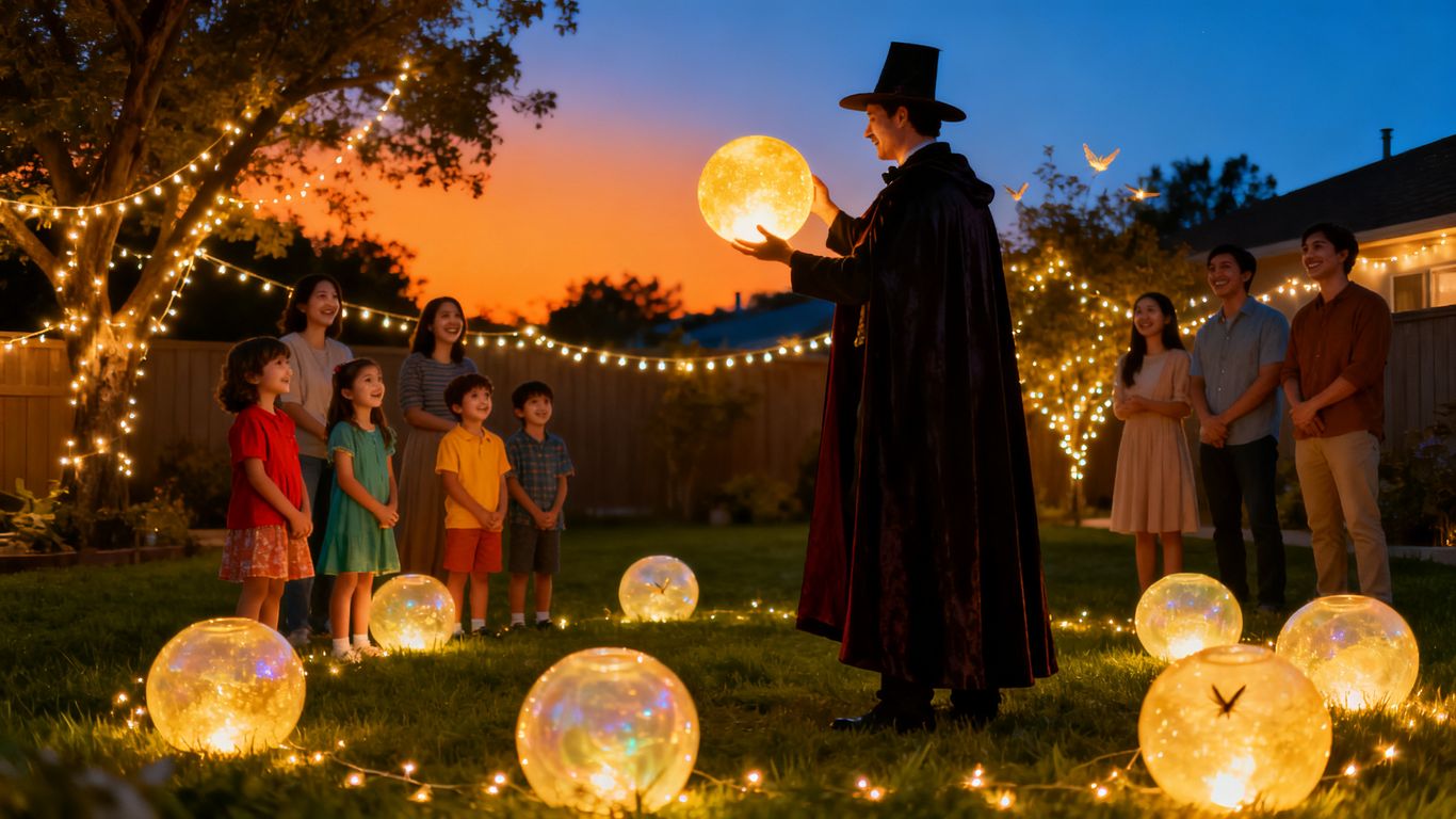 Magician performing tricks at a backyard party after sunset.