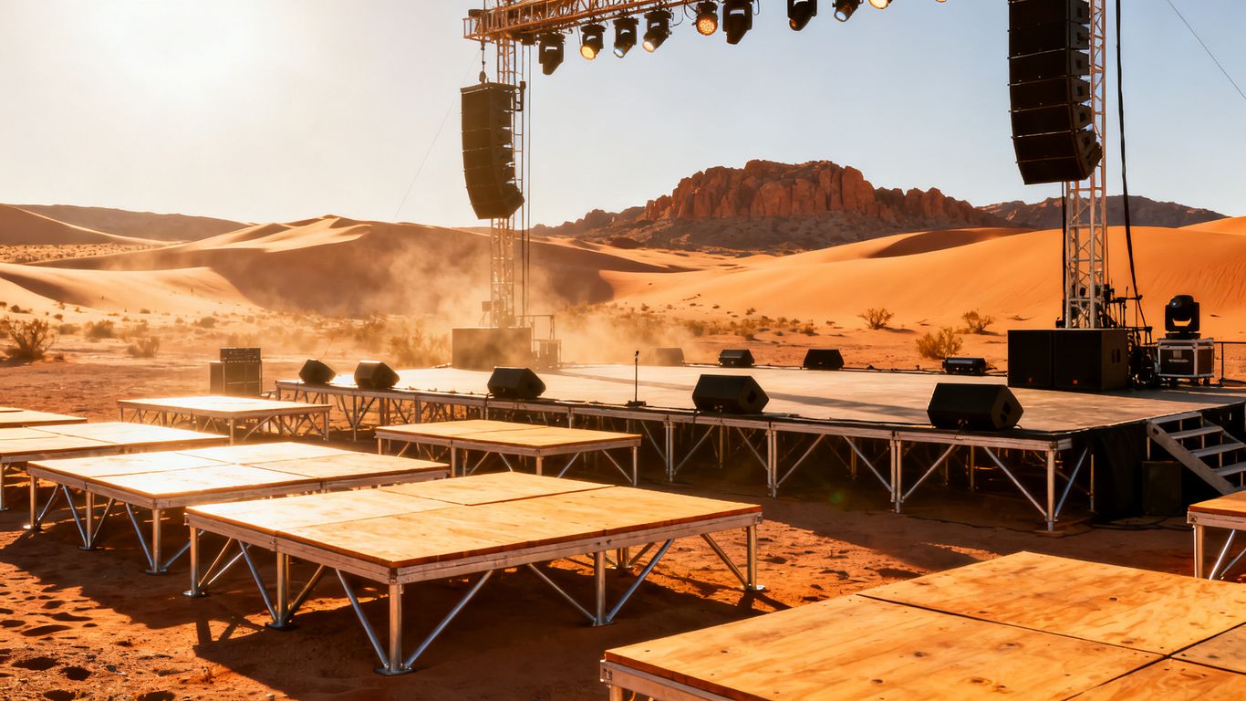 Arizona outdoor stage with heat-ready props under bright sun.