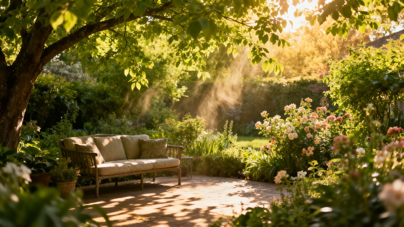Shaded garden patio with green plants and flowers in May.