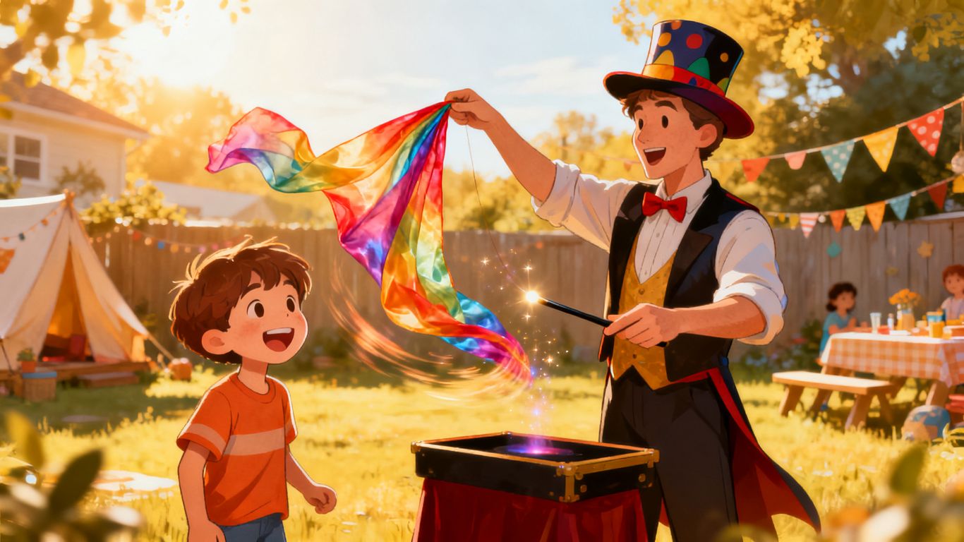 Magician performing a trick for happy children outdoors.